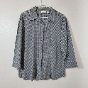 Chadwicks Women Sz XL Button Front Shirt Black & White Gingham Check 3/4 Sleeves